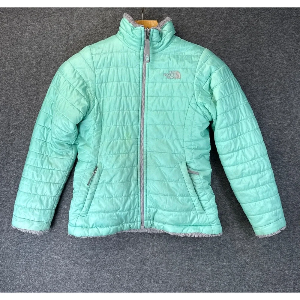 The North Face Mossbud Swirl Jacket Girls M 10/12 Mint Green Reversible Fur Coat